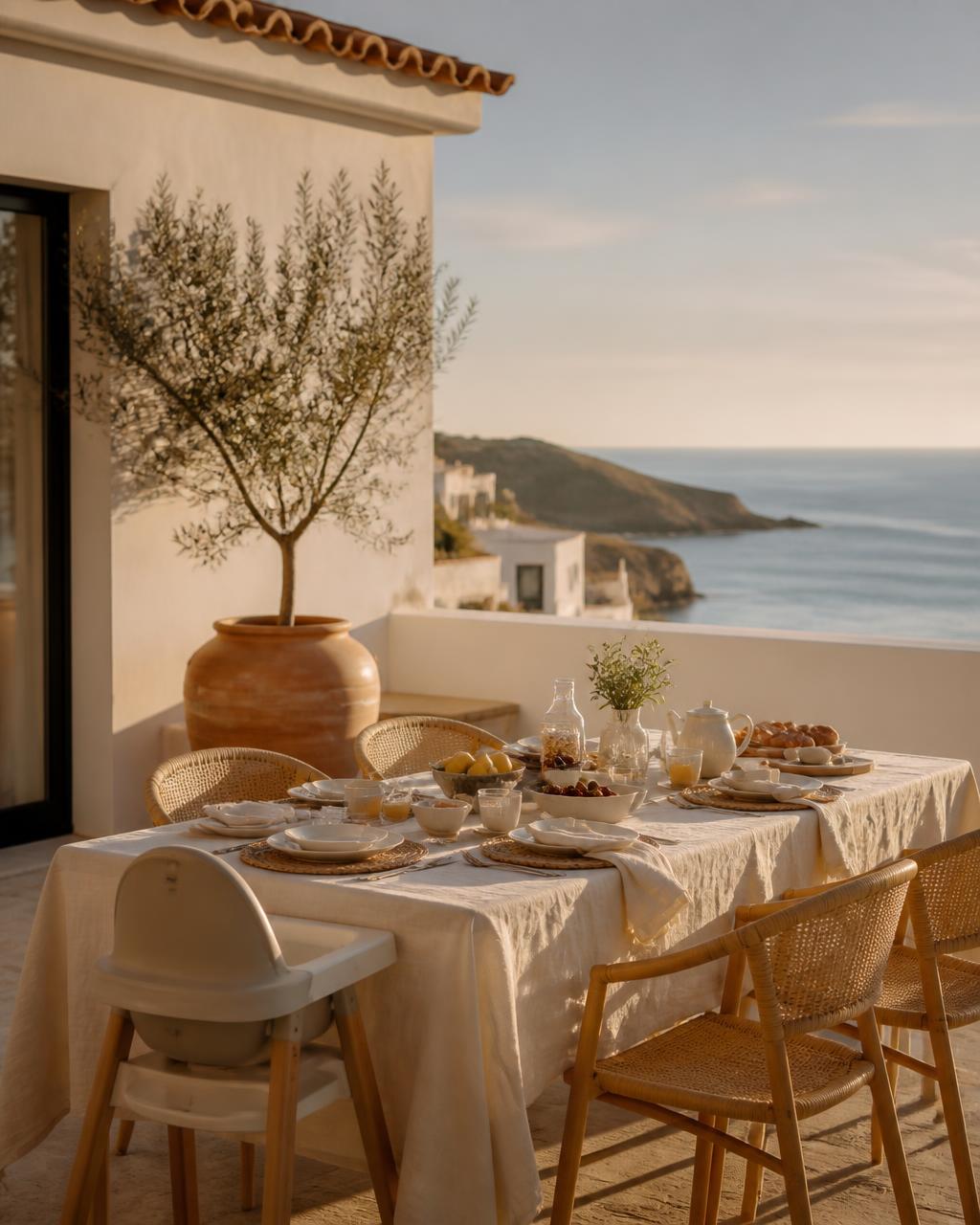 A quiet Portuguese coastal terrace set for a family breakfast at golden hour